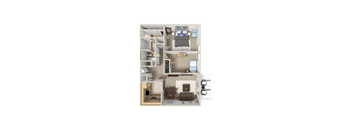A diagram of a small apartment with a bedroom, living room, and kitchen.