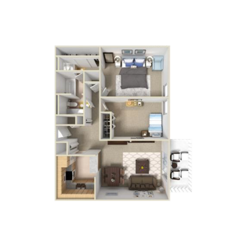 A diagram of a small apartment with a bedroom, living room, and kitchen.