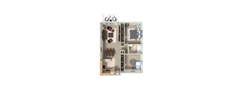 A top-down view of a small apartment with a kitchen, living room, and bedroom.