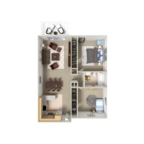 A top-down view of a small apartment with a kitchen, living room, and bedroom.
