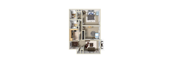 A 3D floor plan of a small apartment with a bedroom, living room, kitchen, and bathroom.