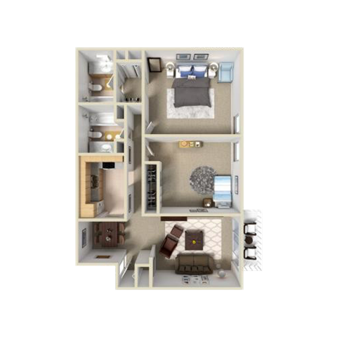 A 3D floor plan of a small apartment with a bedroom, living room, kitchen, and bathroom.