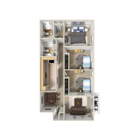 A diagram of a dollhouse with various rooms and furniture.