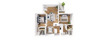A 3D floor plan of a small apartment with a kitchen, living room, and bedroom.