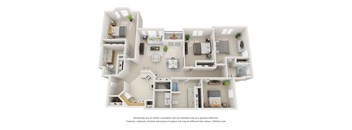 A 3D floor plan of a house with multiple rooms and furniture.