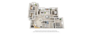 A 3D floor plan of a house with multiple rooms and furniture.