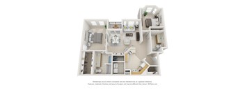 A 3D floor plan of a house with a kitchen, living room, and bathroom.