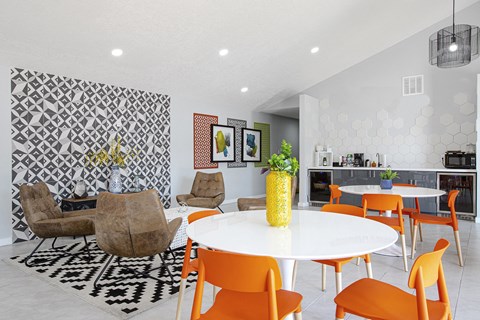 Clubhouse with seating area and kitchen at Villas Del Cielo Aprartments in Albuquerque New Mexico October 2020