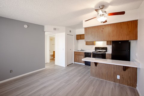 A living room with a grey wall and a ceiling fan.