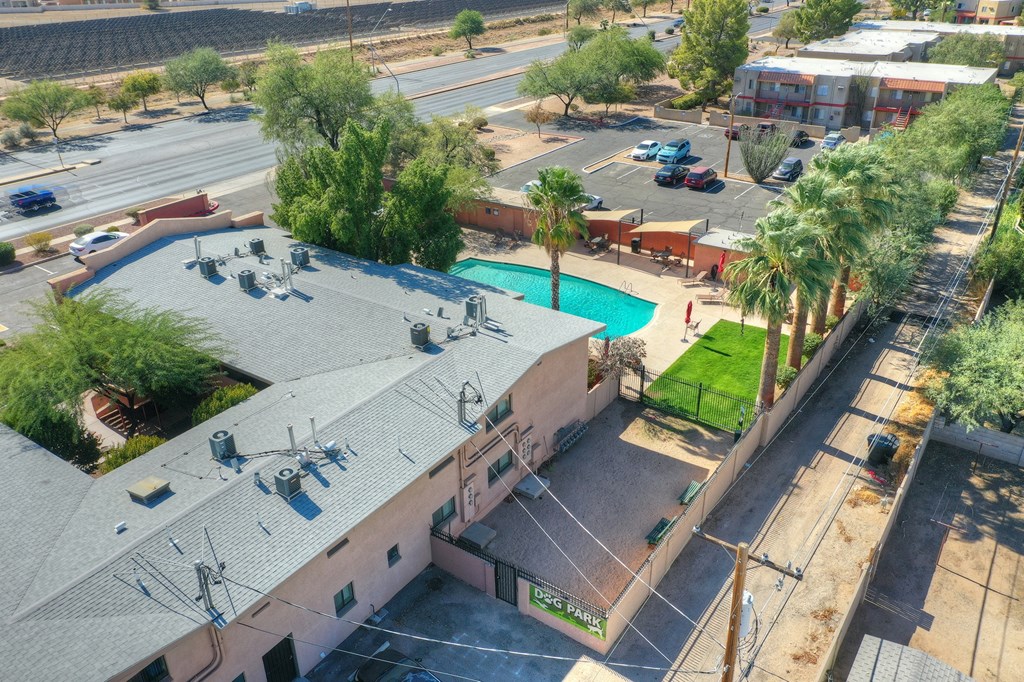 Community aerial view at San Simeon Apartments in Tucson AZ November 2020