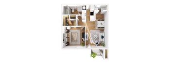 A top-down view of a modern, minimalist apartment with a living room, kitchen, and bedroom.