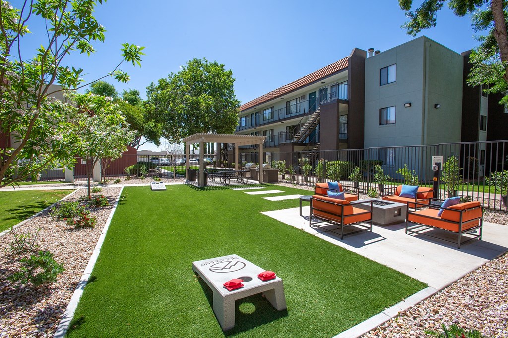 Cornhole and Seating Area at Sky Island Apartments in Sierra Vista Arizona