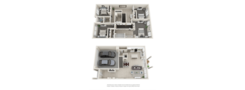 A floor plan of a two-story house with a garage and a living room.