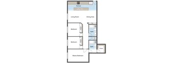 A floor plan of a house with a kitchen, living room, dining area, and three bedrooms.