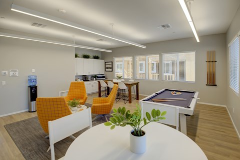 A room with a pool table and a potted plant on the table.
