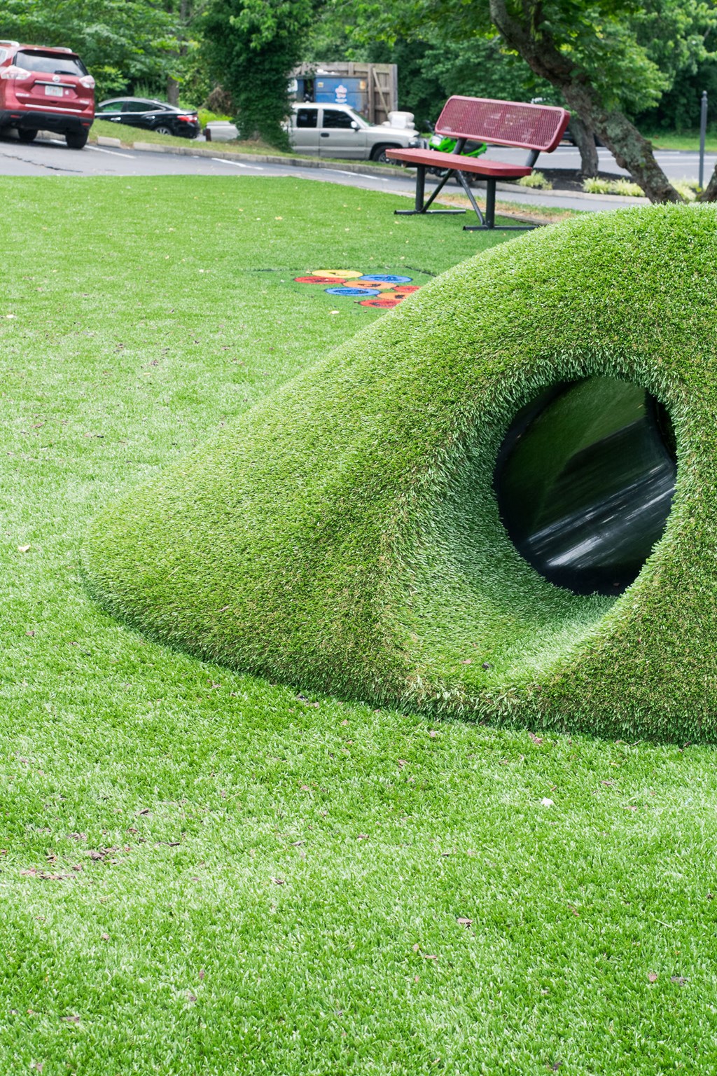 A green hedge shaped into a tunnel.