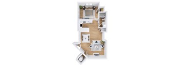 A top-down view of a modern apartment layout with a living room, kitchen, and bedroom.
