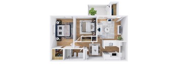 A top-down view of a modern apartment layout with a kitchen, living room, and bathroom.