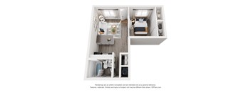 A 3D floor plan of a small apartment with a kitchen, living room, and bedroom.