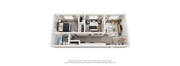 A 3D floor plan of a small apartment with a kitchen, living room, and bedrooms.