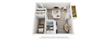 A 3D floor plan of a small apartment with a kitchen, living room, and bathroom.