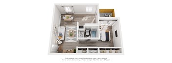 A 3D floor plan of a modern apartment with a kitchen, living room, and bathroom.