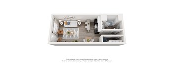 A 3D floor plan of a small apartment with a kitchen, living room, and bedroom.