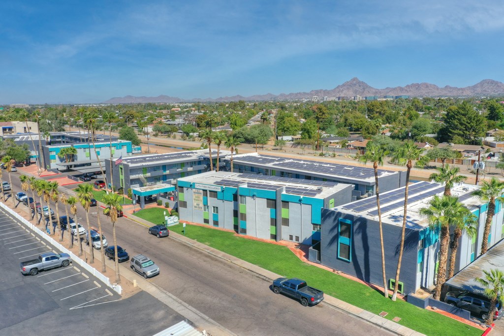 Exterior and parking at Radius Apartments in Phoenix AZ Nov 2020