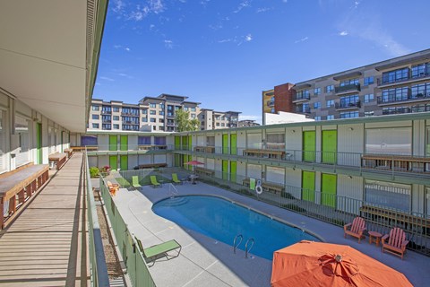 Exterior community courtyard and pool at The Continental Apartments in Phoenix AZ Nov 2020
