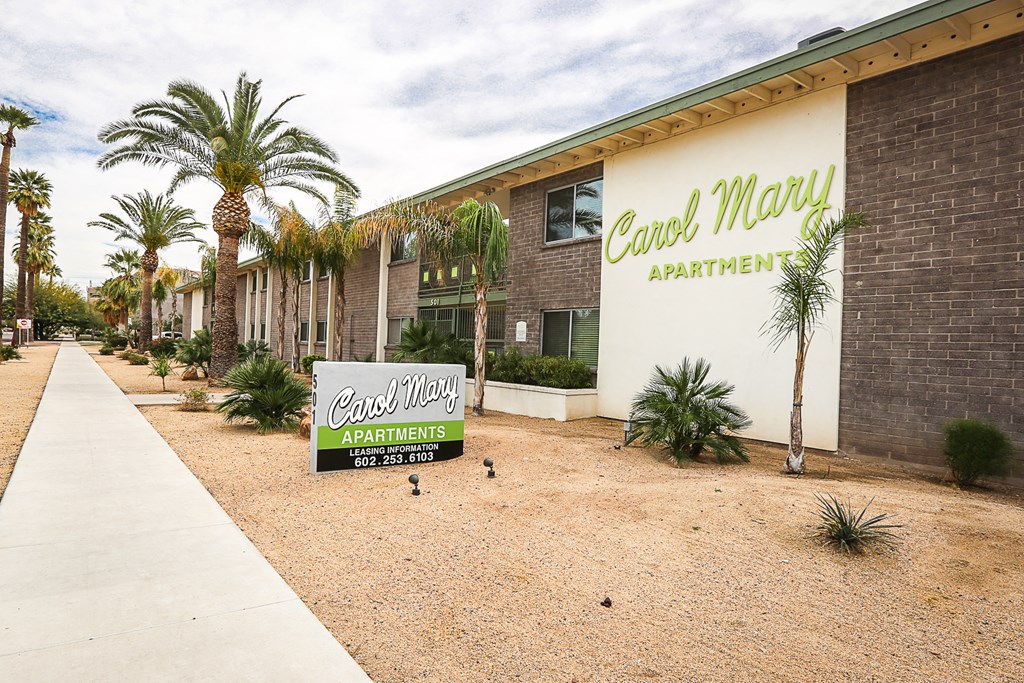 Exterior, landscaping & signage at Carol Mary Apartments in Phoenix, AZ