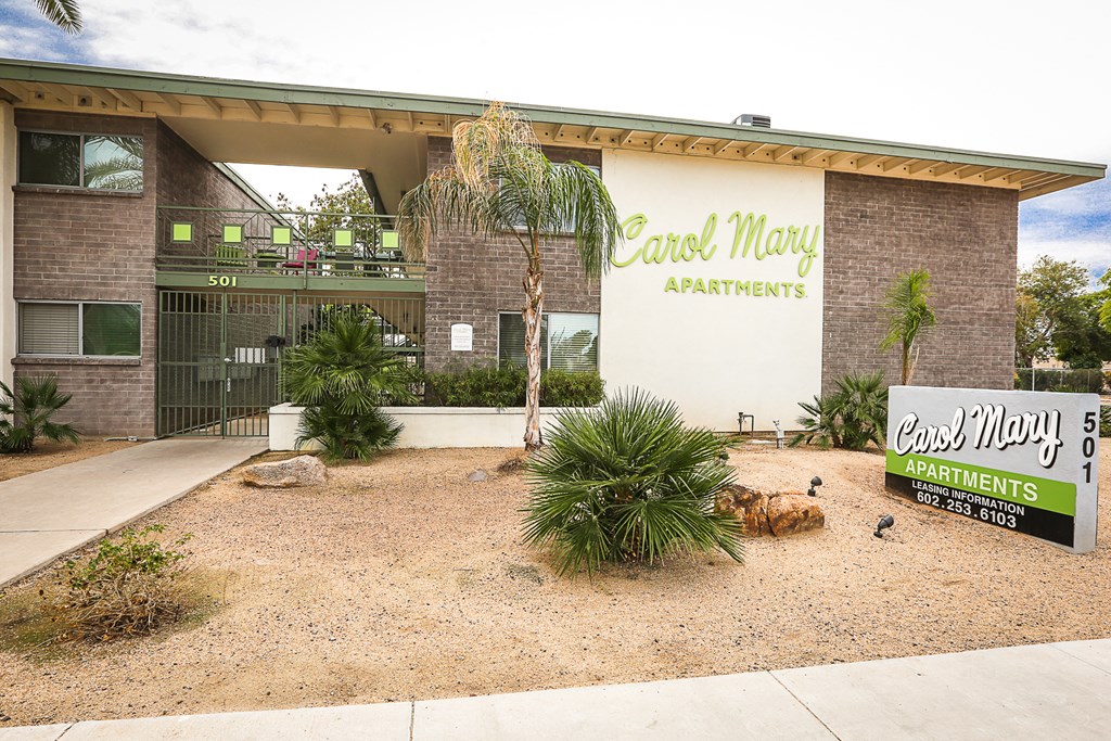 Exterior, landscaping & signage at Carol Mary Apartments in Phoenix, AZ