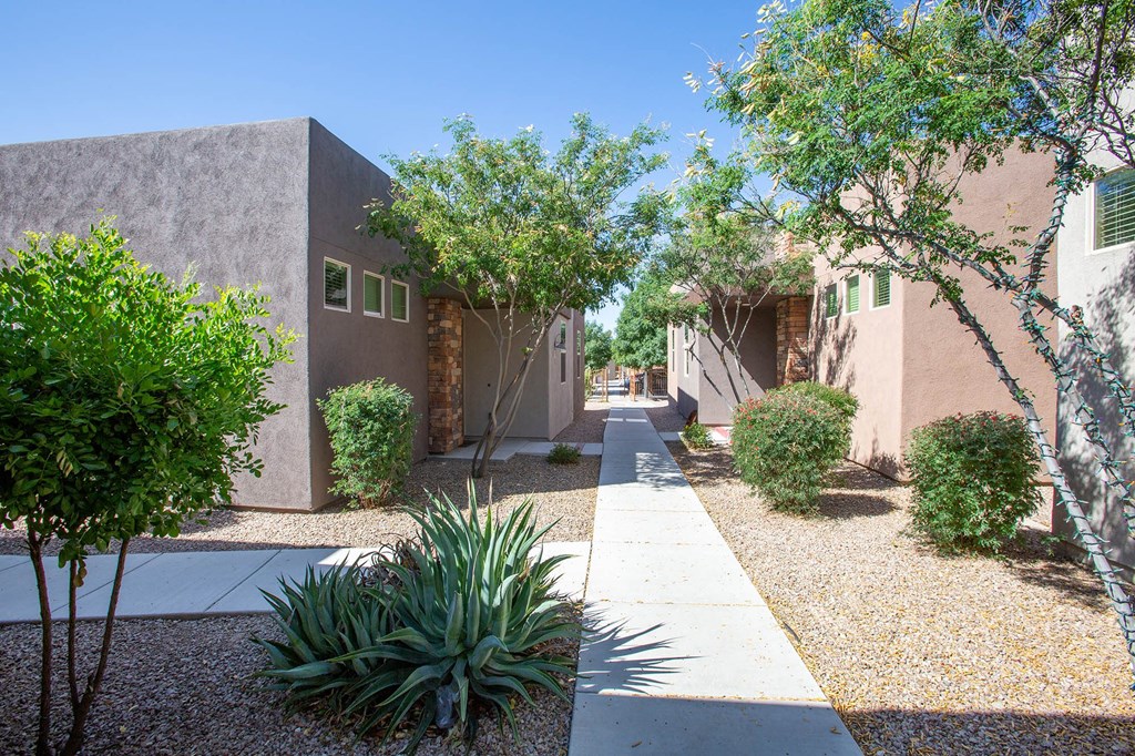 a courtyard with trees and bushes in front of a building