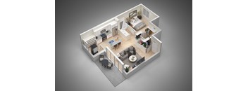 A 3D rendered image of a modern apartment layout.