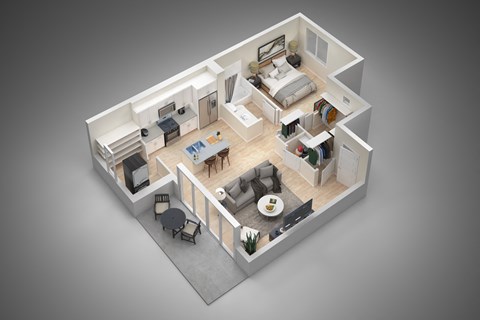 A 3D rendered image of a modern apartment layout.