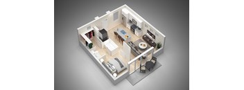 A 3D rendered image of a modern apartment layout.