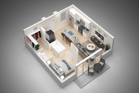 A 3D rendered image of a modern apartment layout.