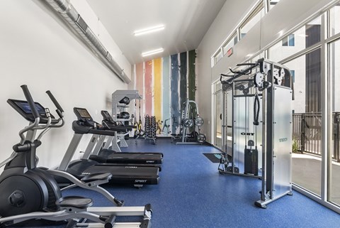 a gym with cardio machines and weights on a blue floor at SECOND AVE COMMONS | BRAND-NEW, Arizona