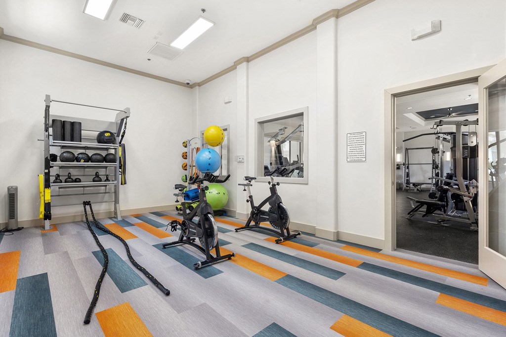 A gym with a variety of exercise equipment.