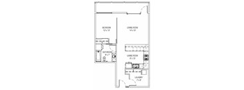 A floor plan of a small apartment with a bedroom, two living rooms, a bathroom, and a laundry area.