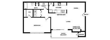A simple black and white floor plan of a house with a living room, dining room, kitchen, and bedroom.