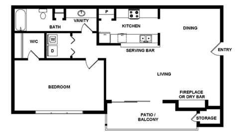 A simple black and white floor plan of a house with a living room, dining room, kitchen, and bedroom.