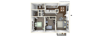 A 3D floor plan of a small apartment with a kitchen, living room, and bedroom.
