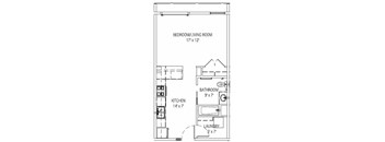 A floor plan of a small apartment with a bedroom, kitchen, bathroom, and laundry area.