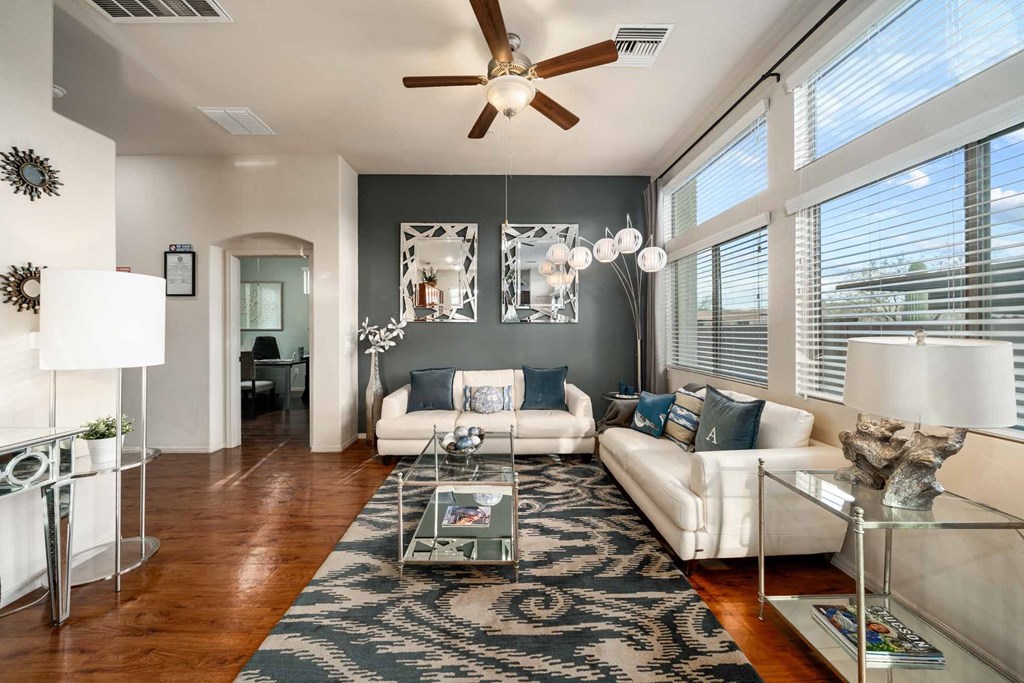 Full Living Room with Ceiling Fan at Avilla Preserve Apartment Homes in Tucson Arizona