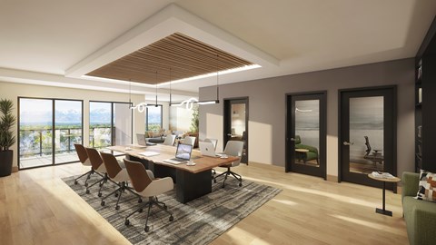 A modern office space with a long table and chairs, a laptop on the table, and a potted plant on the left side.