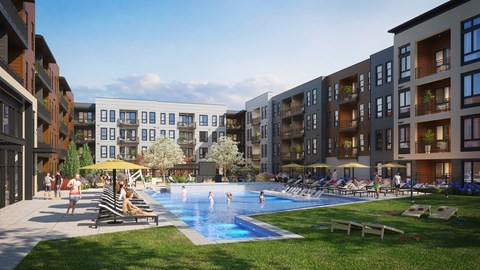A swimming pool surrounded by lounge chairs and umbrellas in a residential area.