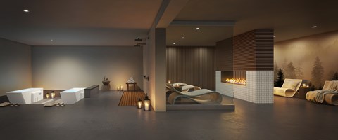 A modern living room with a fireplace and comfortable seating.