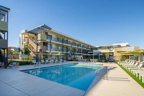 A swimming pool is surrounded by sun loungers and umbrellas.