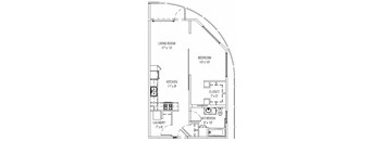 A floor plan of a small apartment with a living room, bedroom, kitchen, bathroom, and laundry room.