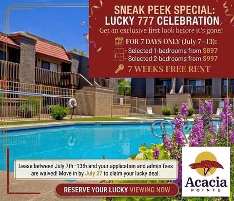 A promotional image for a sneak peek special at Acacia Pointe, offering a 7-day exclusive look before it's gone.